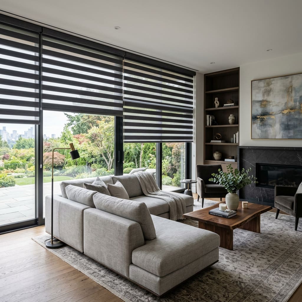 A black and grey living room has coordinated zebra shades on the windows. 