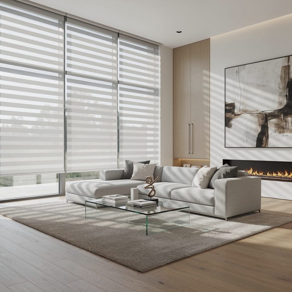 An open concept living room with large windows has grey zebra blinds. 