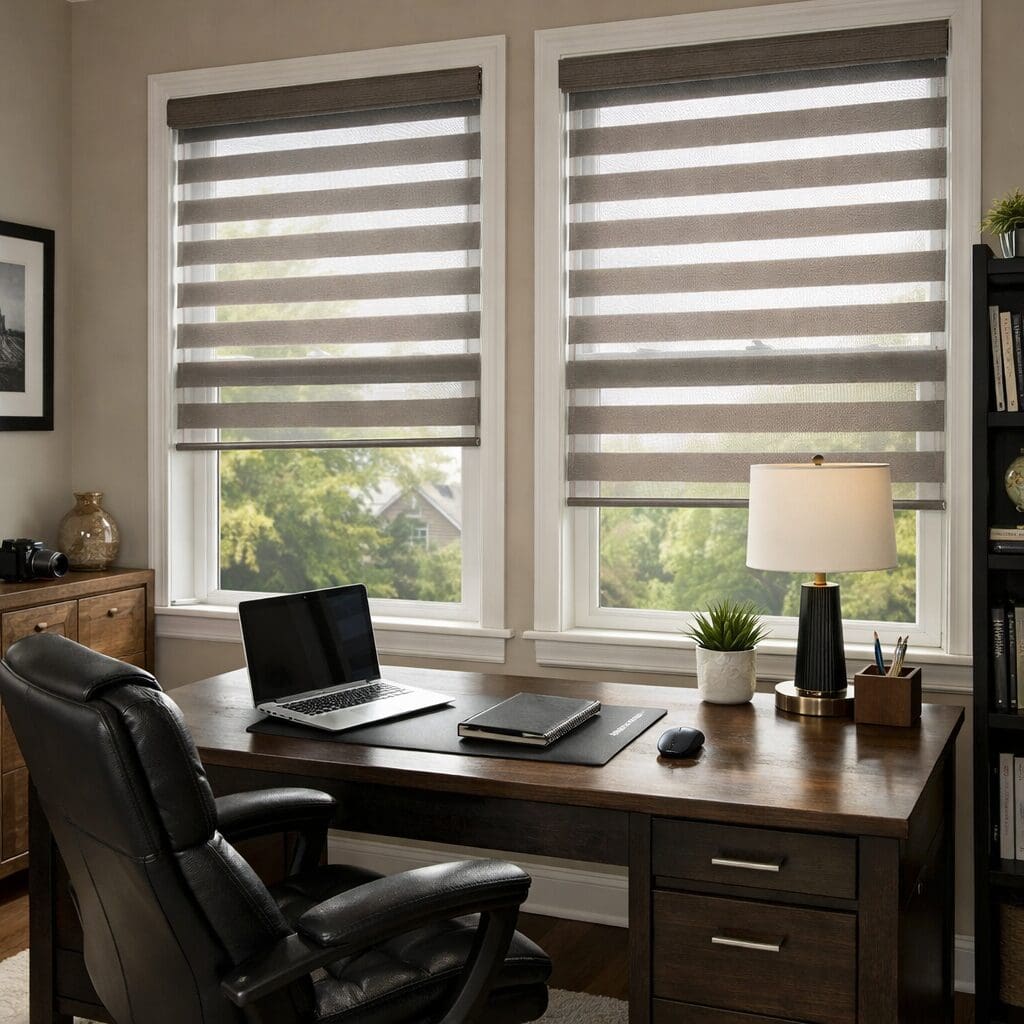 A comfortable home office has zebra blinds on the windows. 