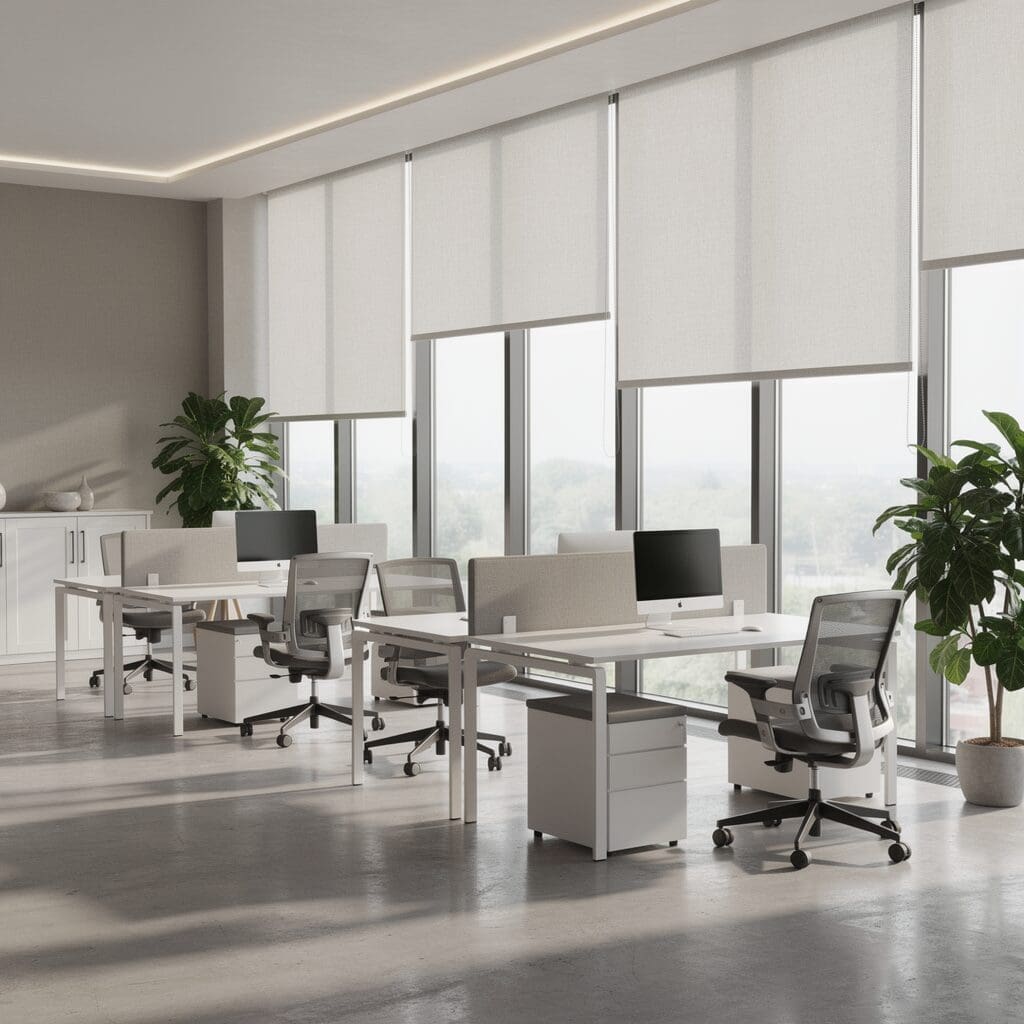 A modern office with highrise views has solar shades on the windows.