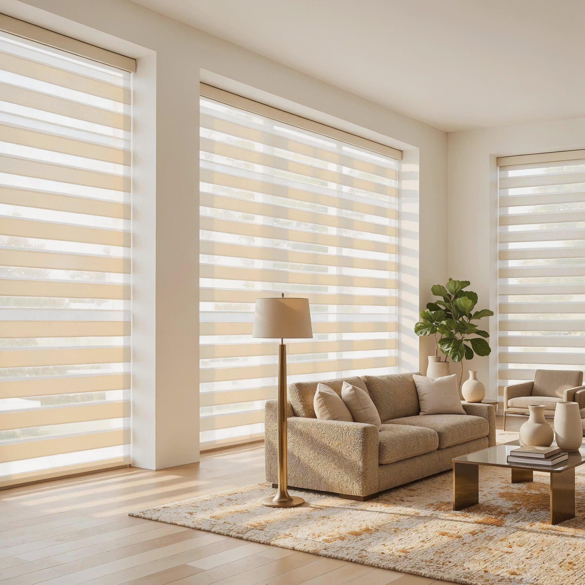 An elegant living room with high ceilings has a large window with cream zebra shades.