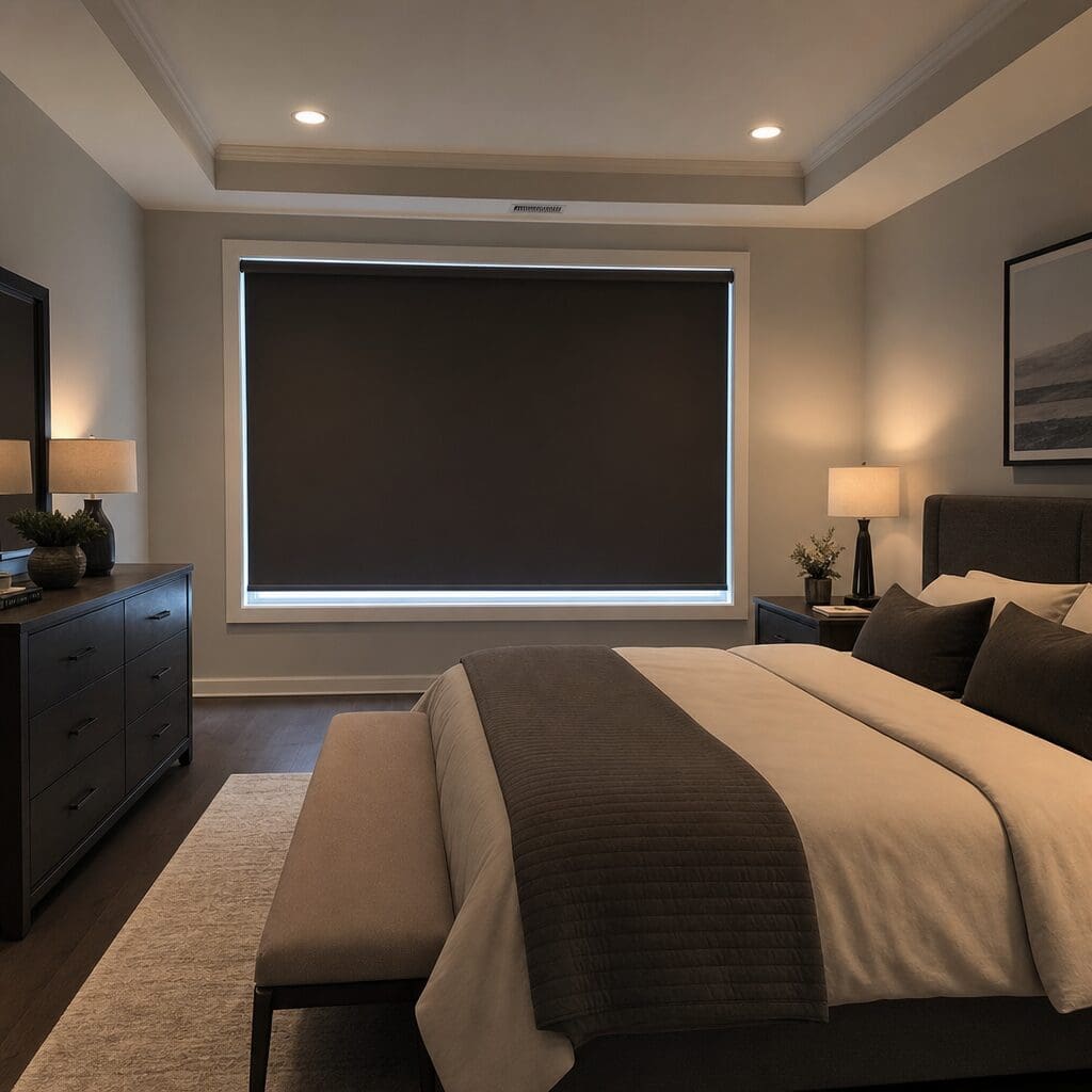InStyle Blinds IN - a bedroom is darkened by the blackout roller shades on the window.