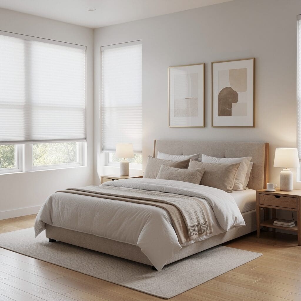 InStyle Blinds IN - a charming bedroom has roller shades on the windows.