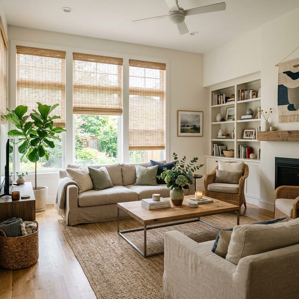 InStyle Blinds IN - an open living room with several windows have woven wood shades.