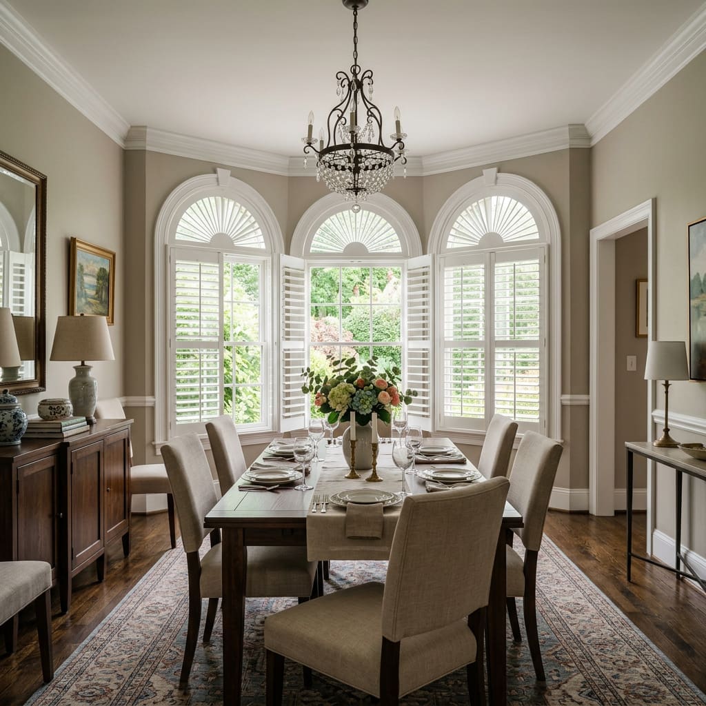 InStyle Blinds IN - an elegant dining room has a bay window with unique windows with plantation shutters.
