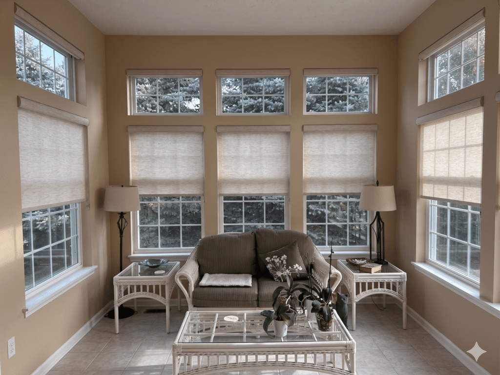 InStyle Blinds IN - a bright living room has beige roller shades on the windows. 