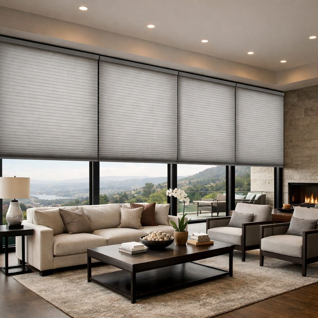 InStyle Blinds IN - a living room with a cozy fie and large
windows has honeycomb shades to cut drafts.
