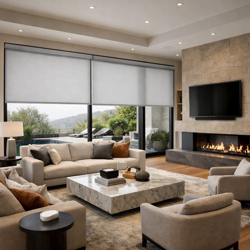 InStyle Blinds IN - a cozy living room with a lit fireplace has roller shades on large windows to block cold air.