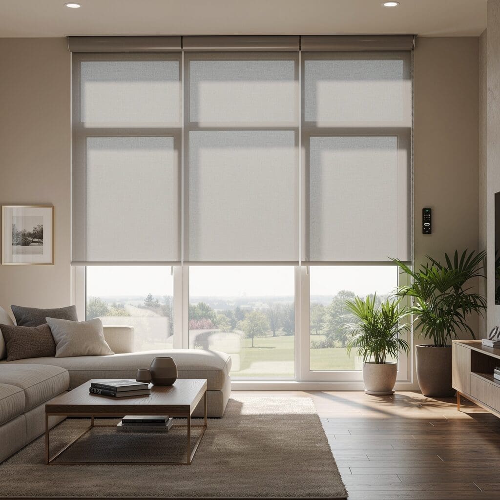 InStyle Blinds IN - a bright living room is shielded from sunlight by roller shades.