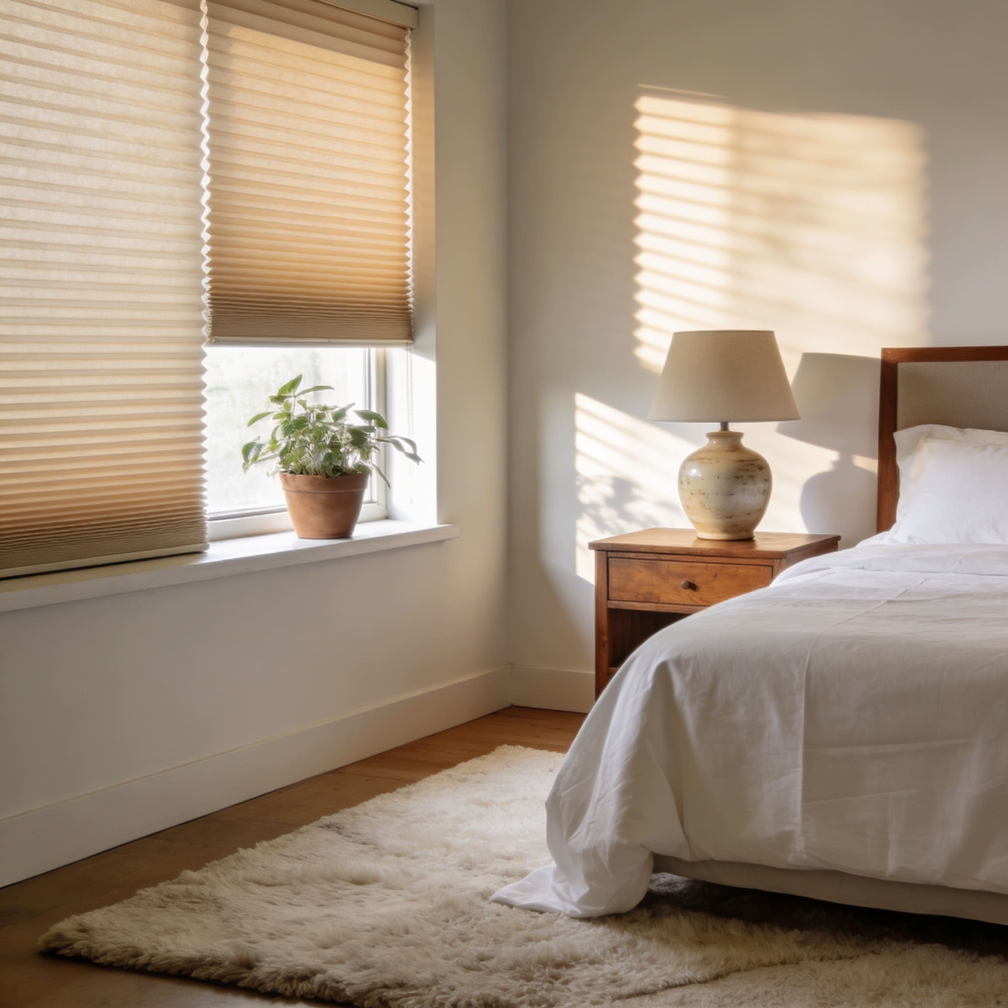InStyle Blinds IN - a cheery bedroom has honeycomb cellular shades on the windows.