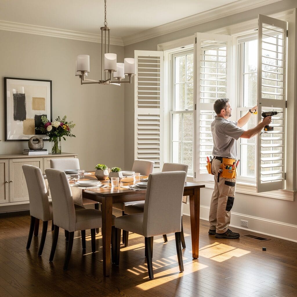 InStyle Blinds IN - a professional window installer is installing custom shutters.