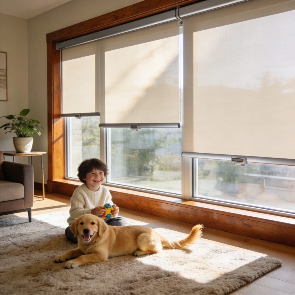 InStyle Blinds IN - a young boy and his puppy sit in front of a large window witth solar shades.