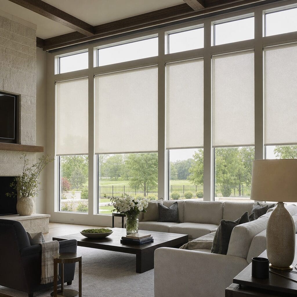 InStyle Blinds IN - an elegant living room has roller shades on high windows.