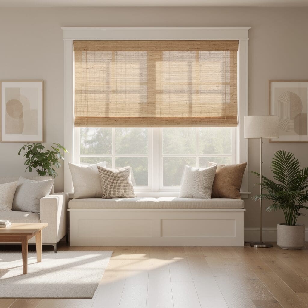 InStyle Blinds IN - a charming window seat has woven wood shades on the window.