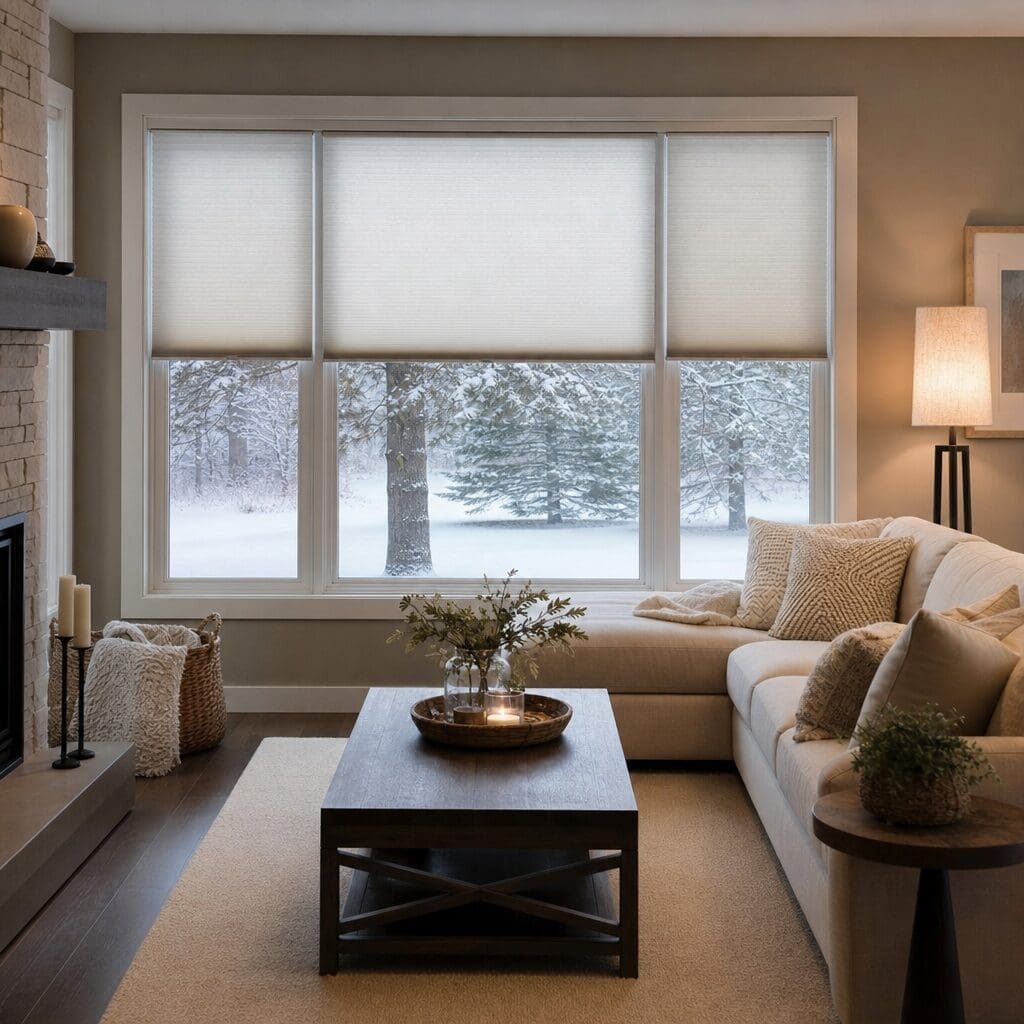 InStyle Blinds IN - a living room shows a wintery day out of the window that has honeycomb shades for insulation.