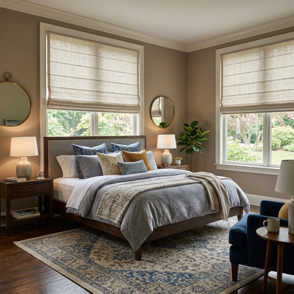 InStyle Blinds IN - a cozy bedroom has fabric roman shades on the window.