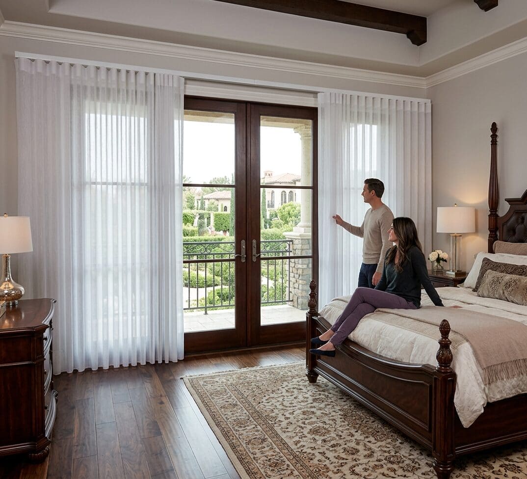 InStyle Blinds IN - a couple in a bedroom look out their patio window with Norman Smartdrapes.