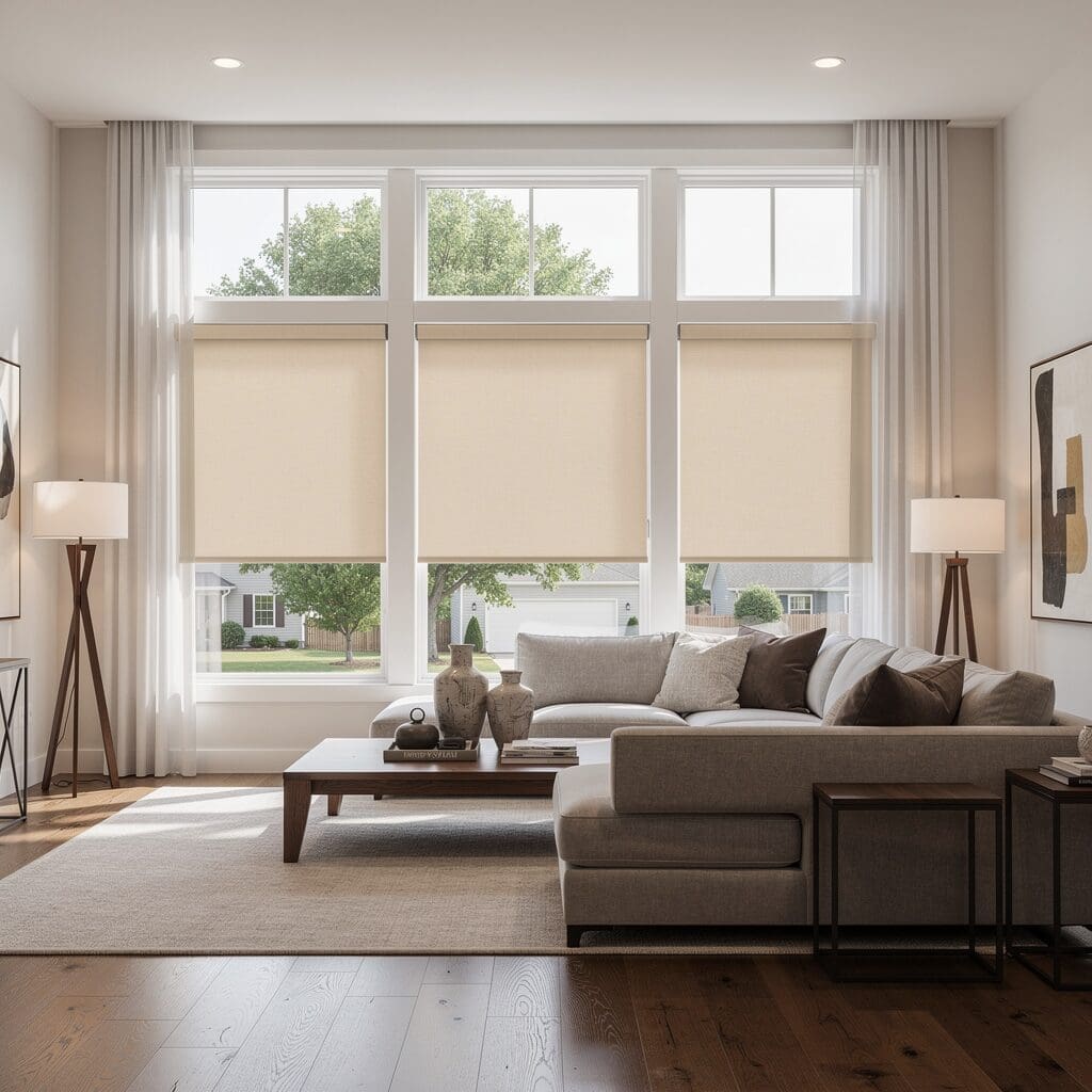InStyle Blinds IN - a cozy living room has roller shades on large windows.