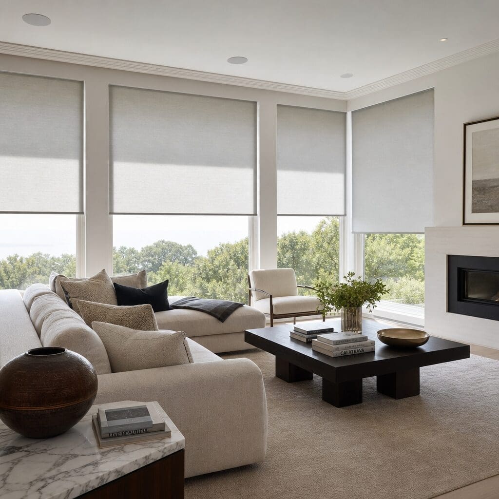 InStyle Blinds IN - a large living room has roller hades on the oversized windows.