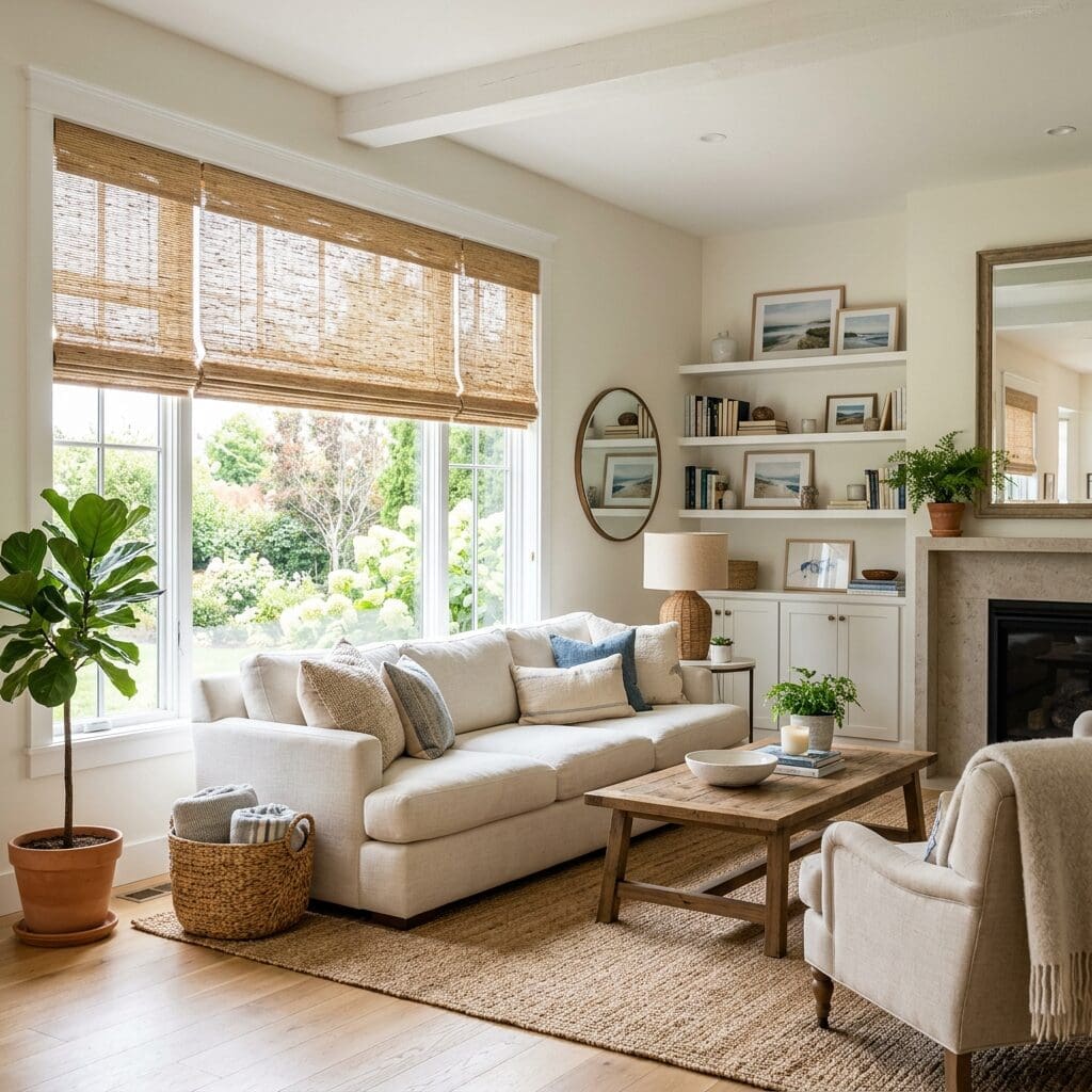 InStyle Blinds IN - a cozy living room has large windows with woven wood shades.