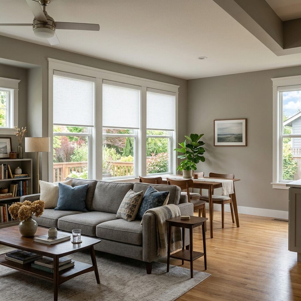 InStyle Blinds IN - a cozy living room with attached dining room share large windows with roller shades.