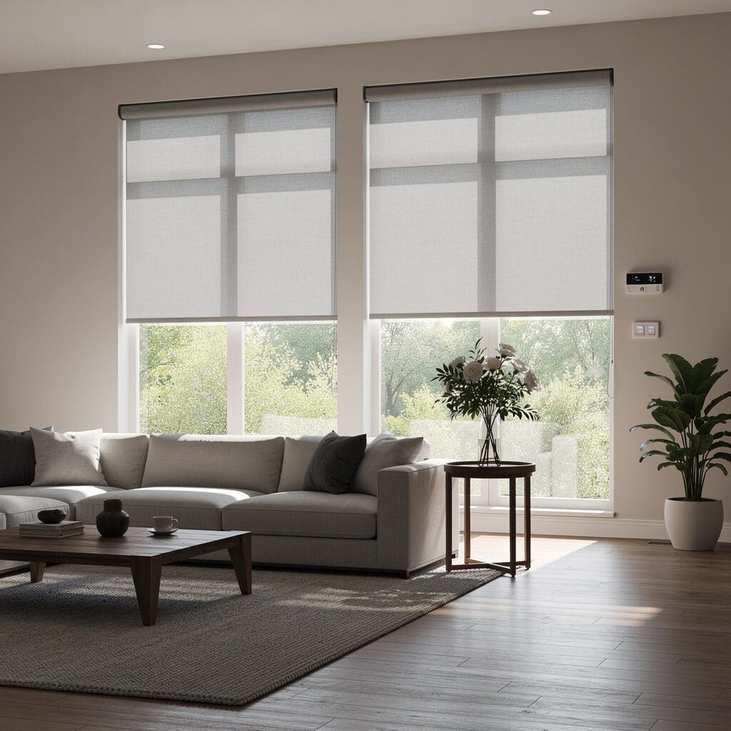 InStyle Blinds IN - a living room with sunny windows has roller shades to block light.