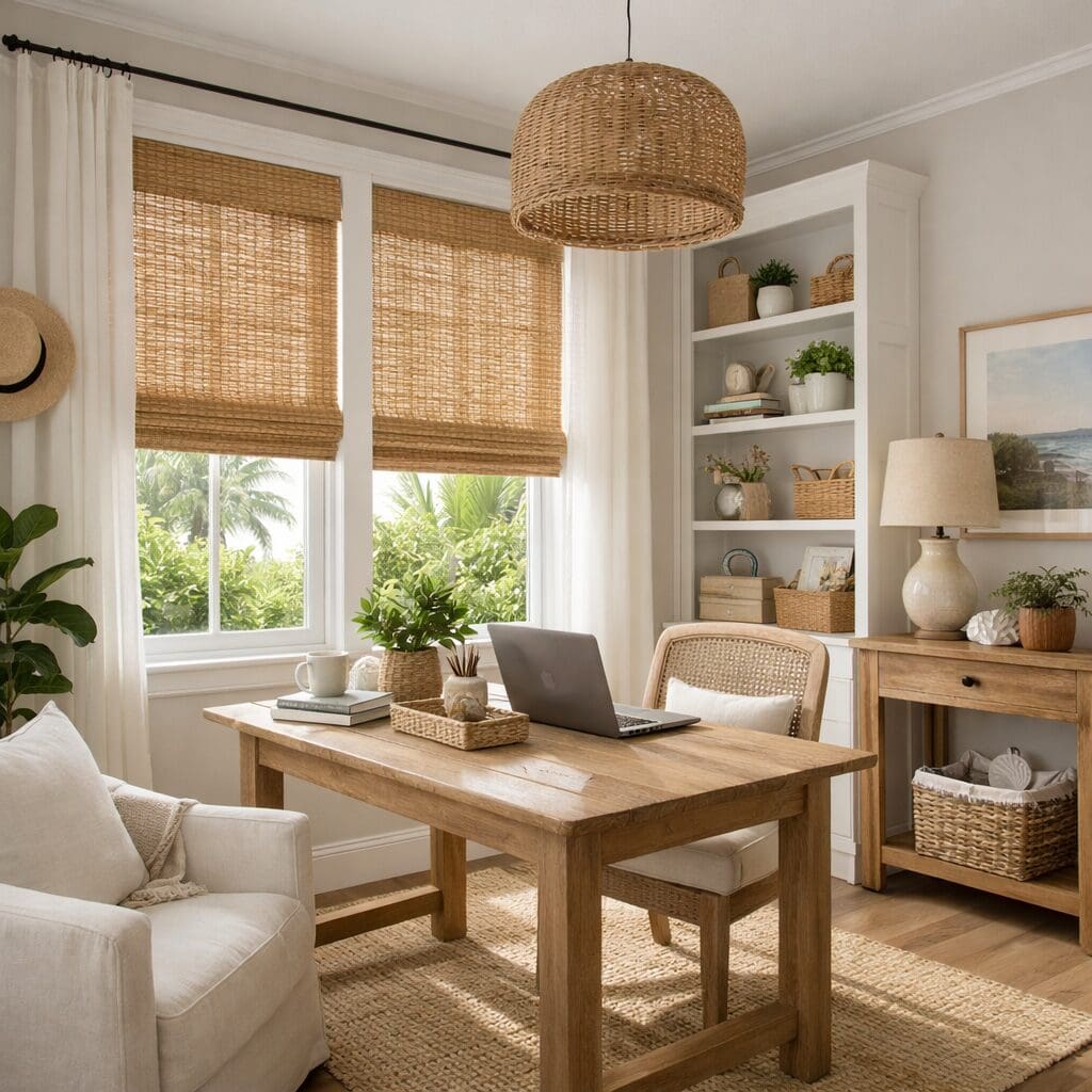 InStyle Blinds IN - a cozy home office has many woven wood details, including shades.