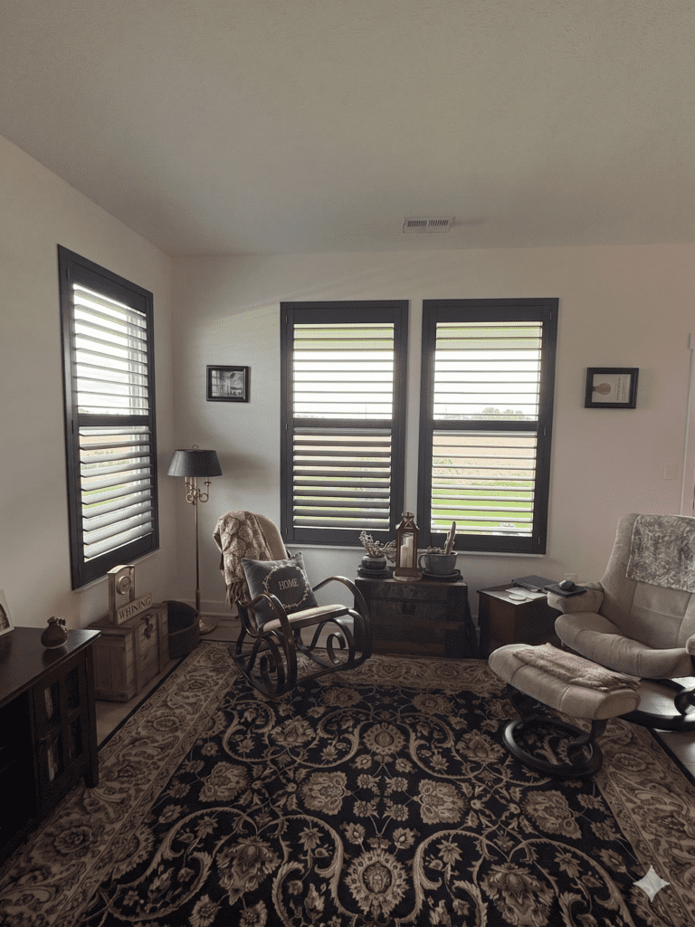InStyle Blinds Indiana - a cozy living room has black plantation shutters on the windows.