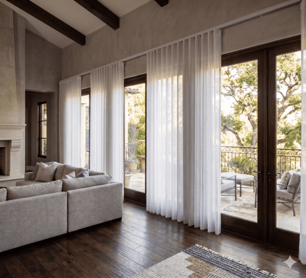 InStyle Blinds IN - a living room with a wall of windows is lined with Norman Smartdrapes.