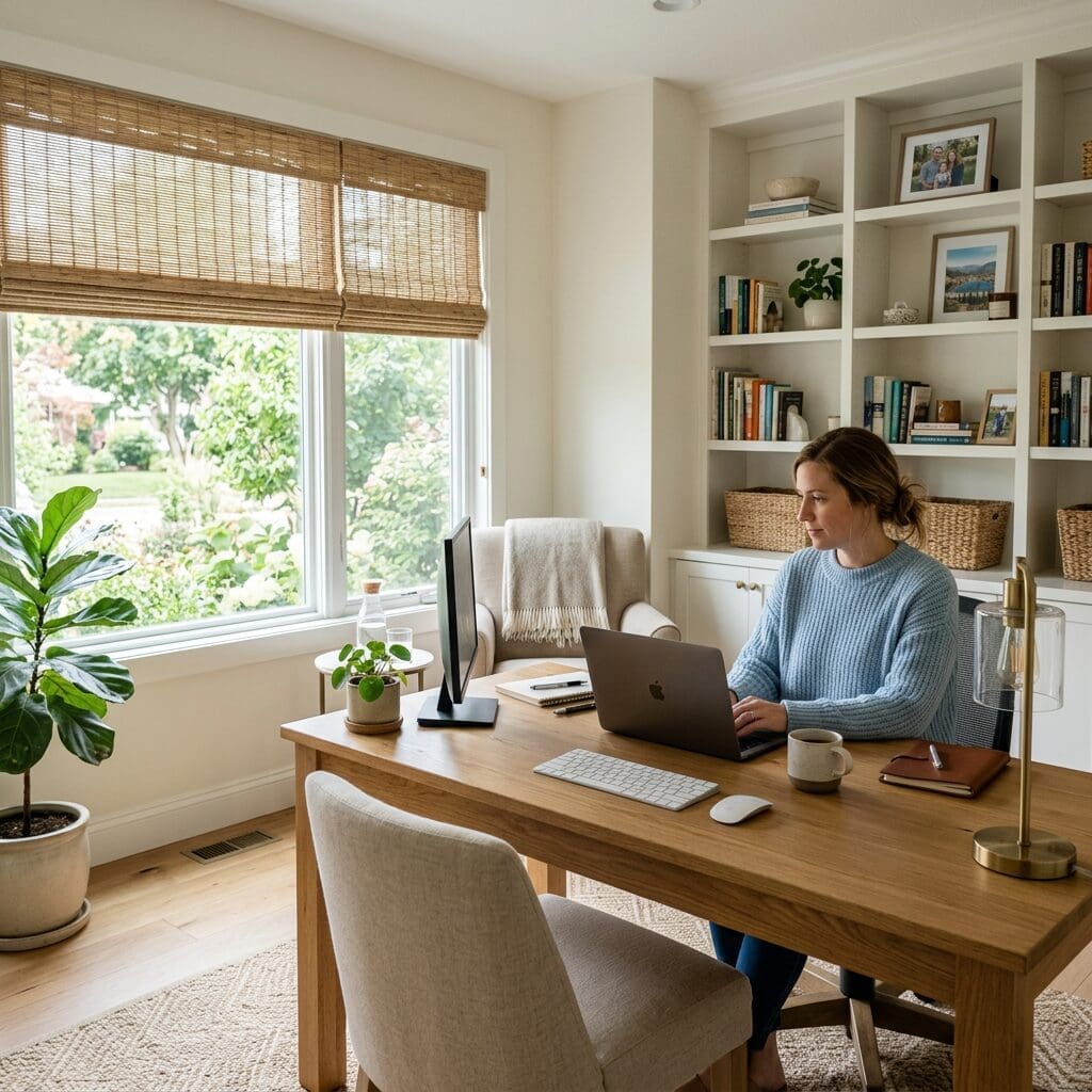 InStyle Blinds IN - a woman works in her home office in front of a window with woven wood shades.