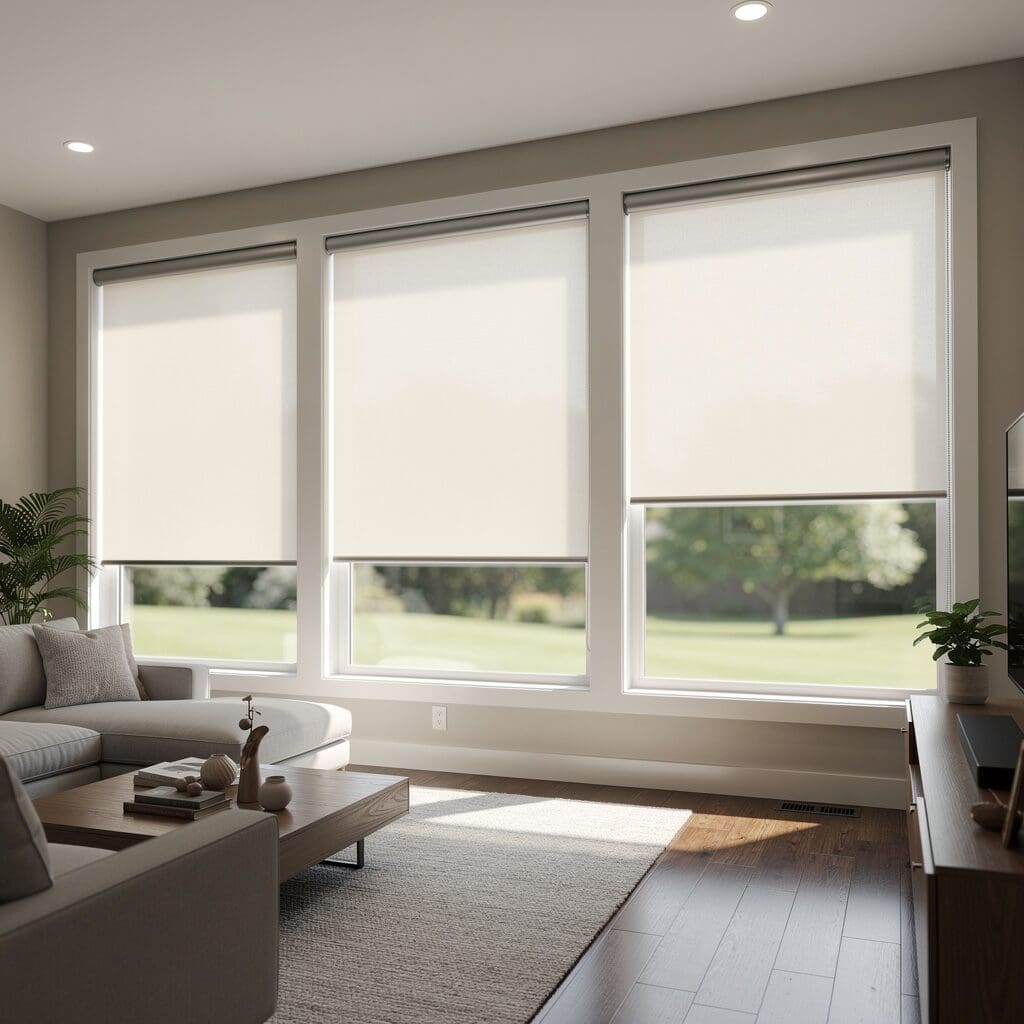 InStyle Blinds IN - Roller shades are on large windows in a living room.