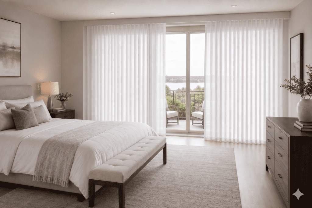 InStyle Blinds IN - a bedroom has patio doors with Norman Smartdrapes.