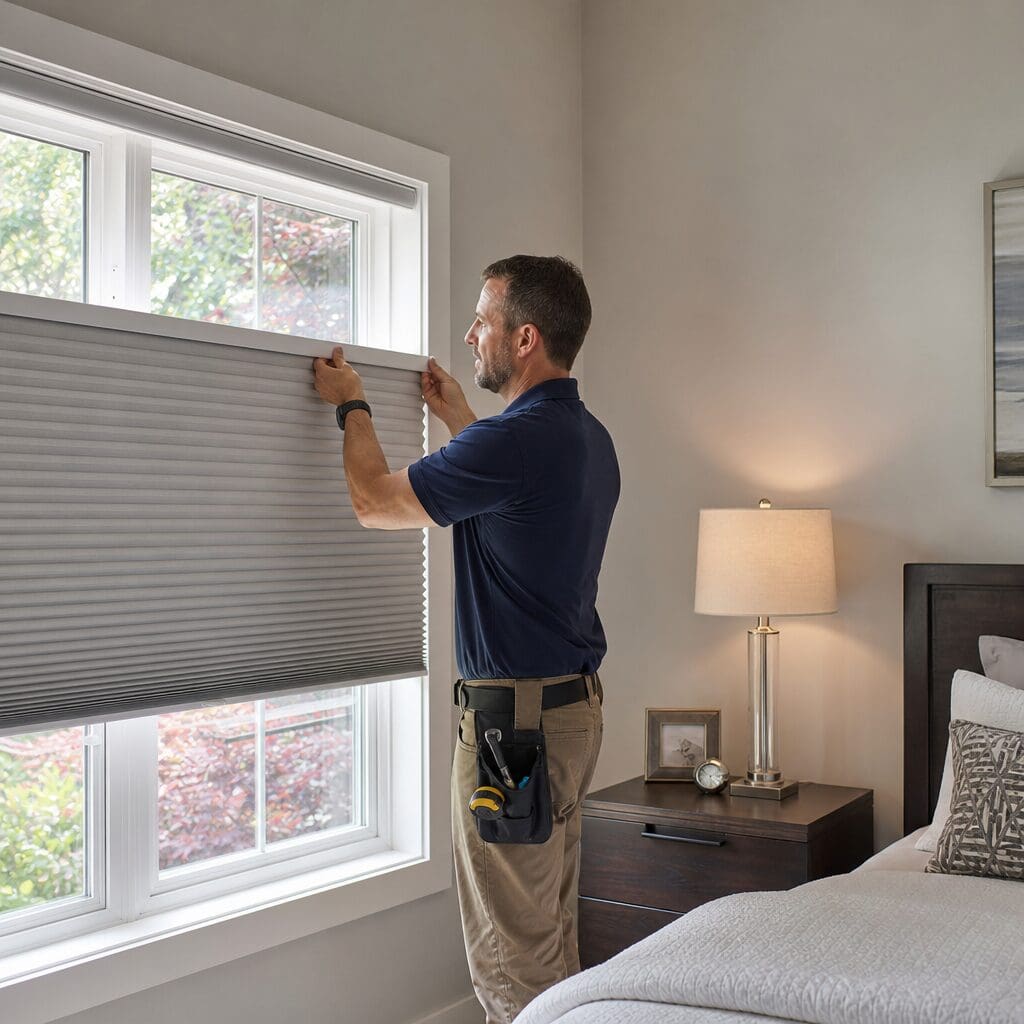 InStyle Blinds IN - a professional window shade installer adjusts cellular shades.