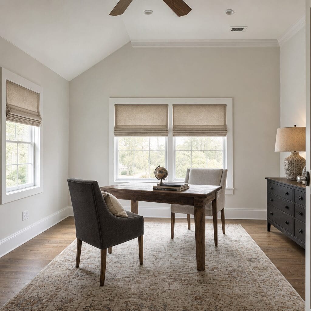InStyle Blinds IN - a small home office has woven wood roman shades on the windows.