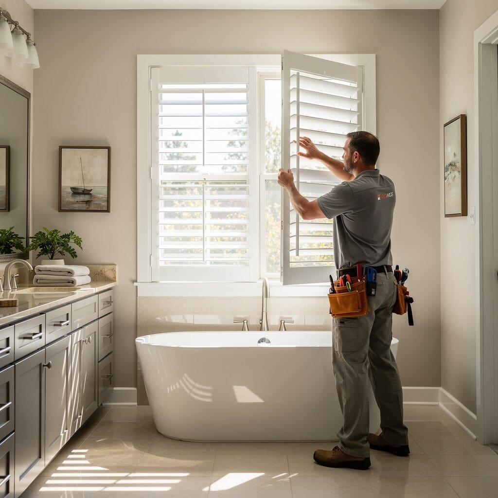 InStyle Blinds IN - a professional plantation shutters installer installs shutters above a tub.