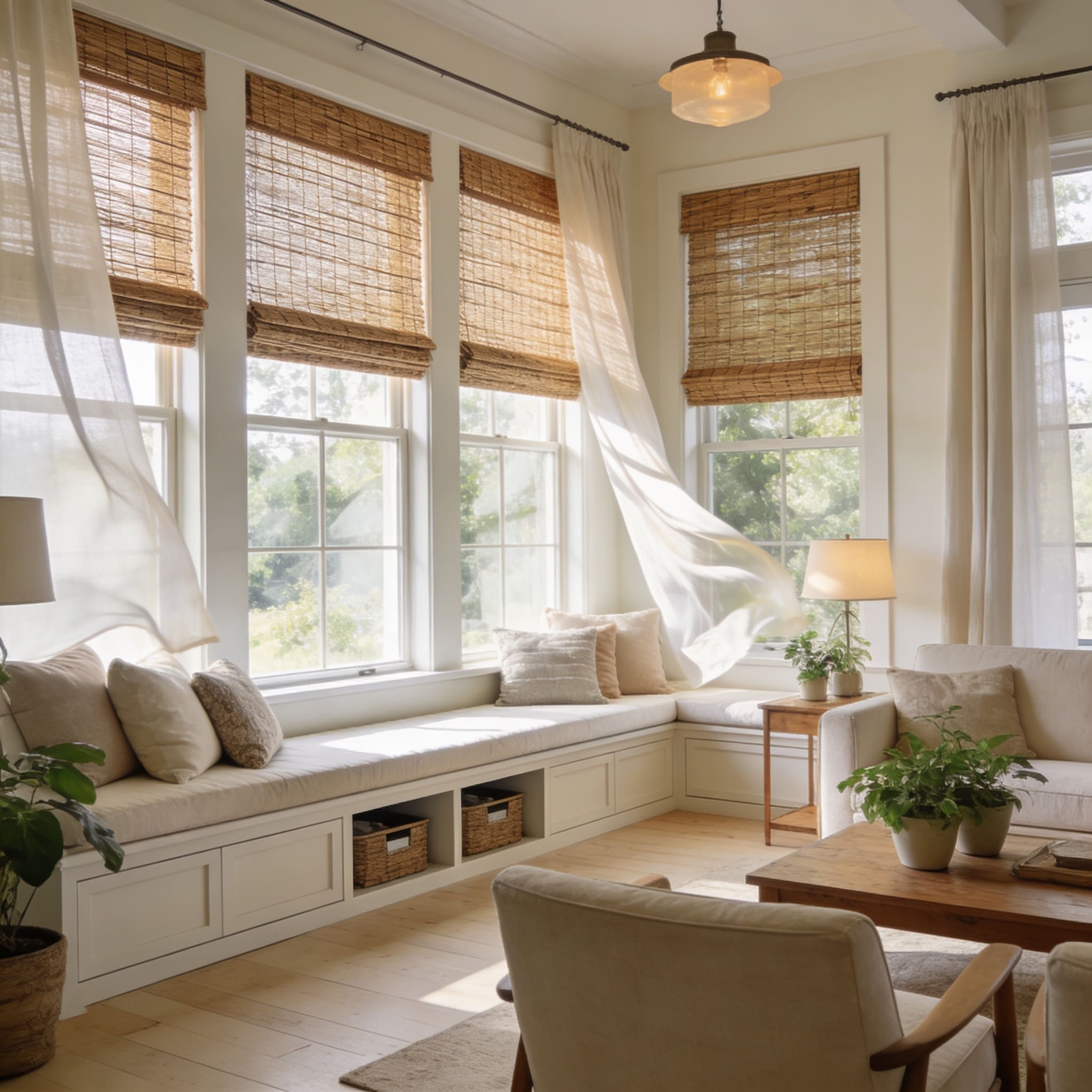 InStyle Blinds IN - a breezy den with a window seat has woven wood shades on the windows.