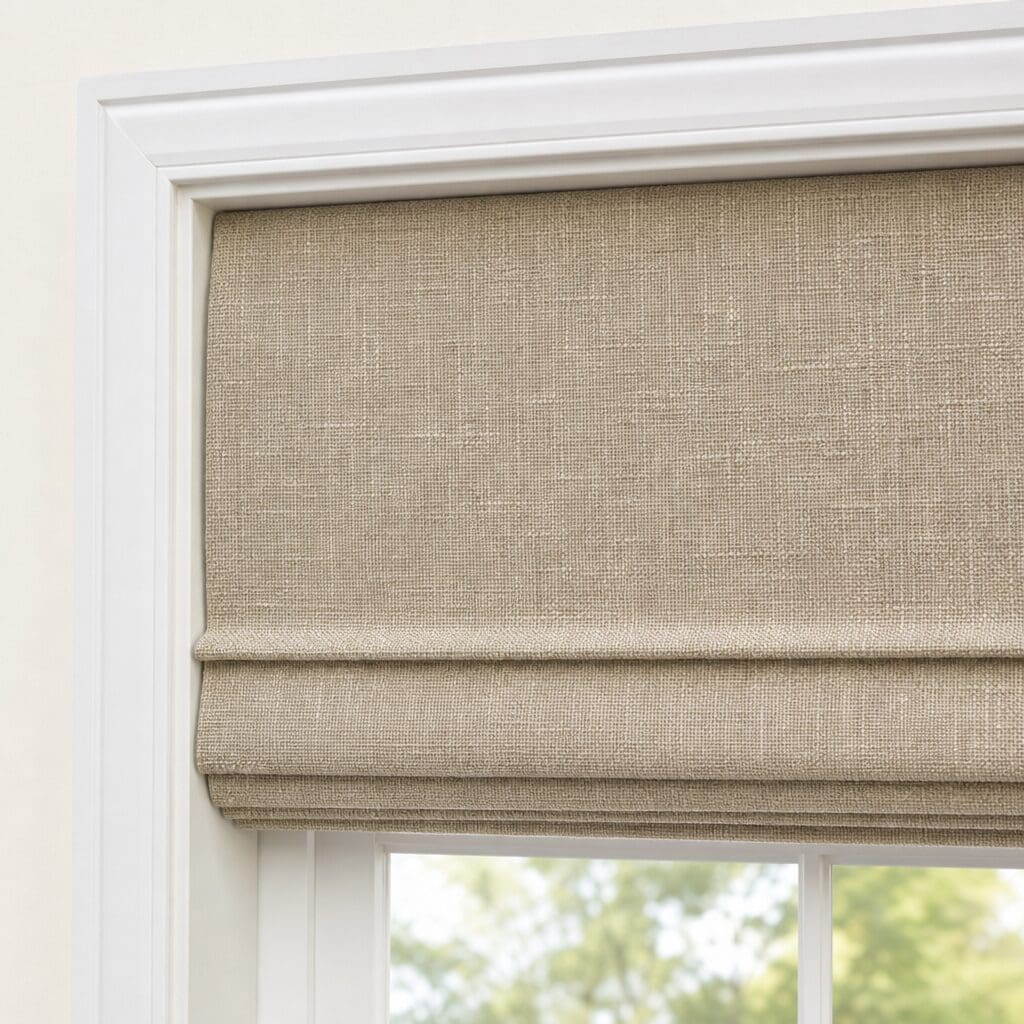 A woven wood shade has inside mountain brackets.