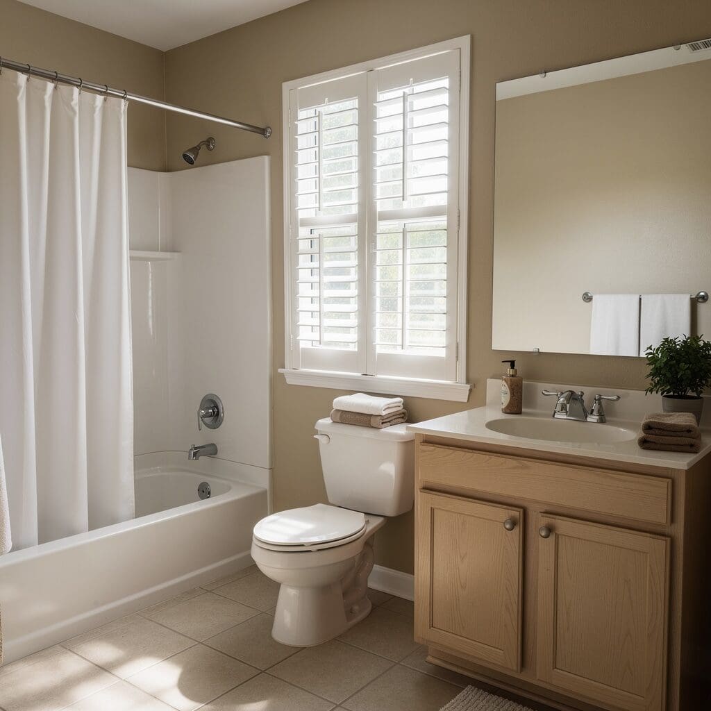Plantation shutters are on a window above a toilet in the bathroom. 