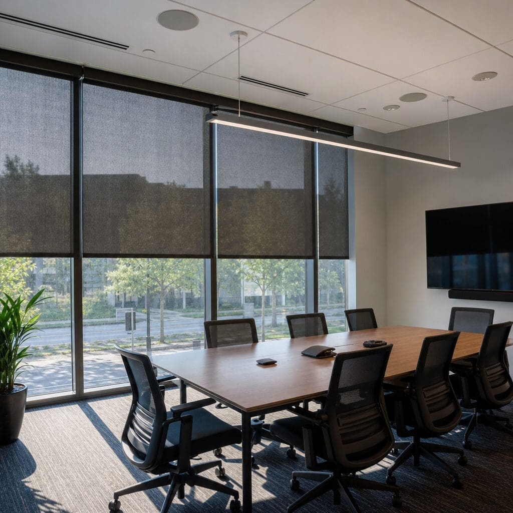 A comercial conference room has dark solar shades for privacy and glare reduction. 