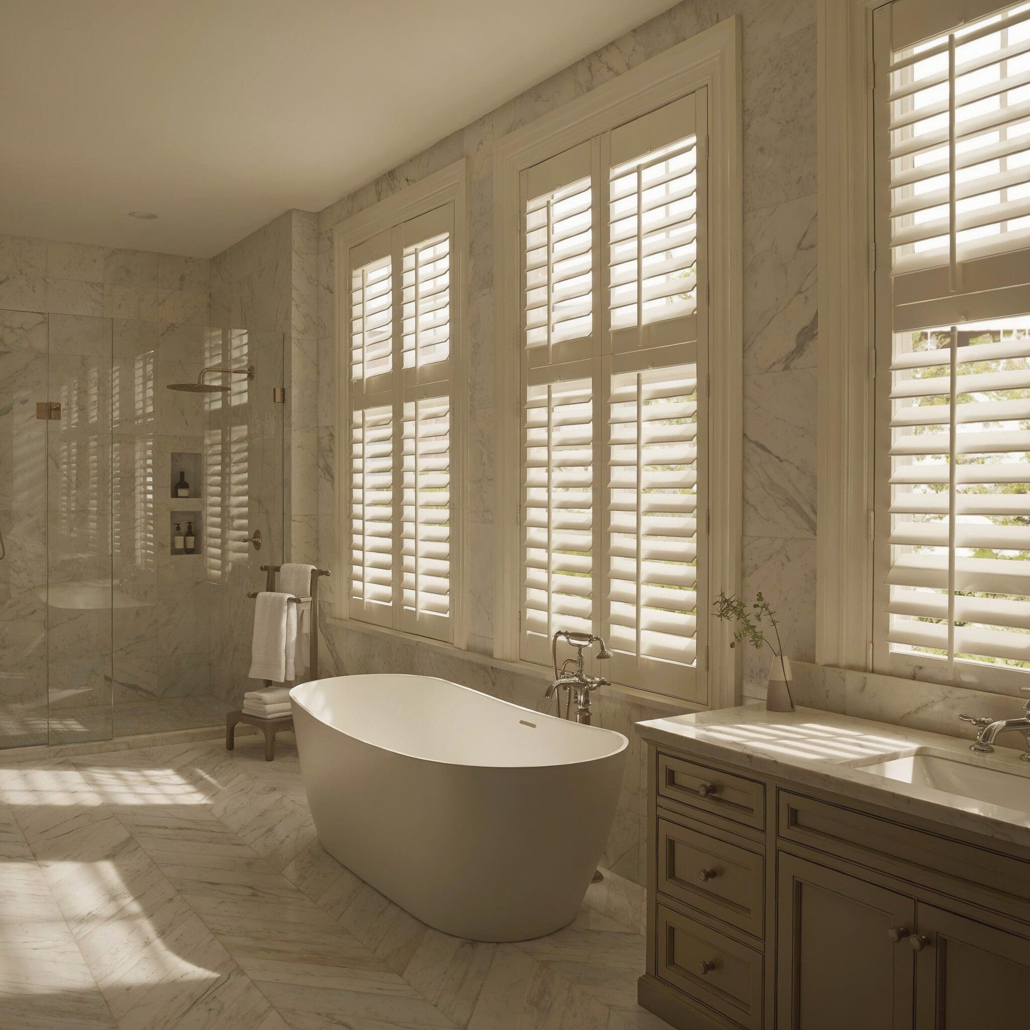 An upscale bathroom with a standing tub has interior shutters on the windows.