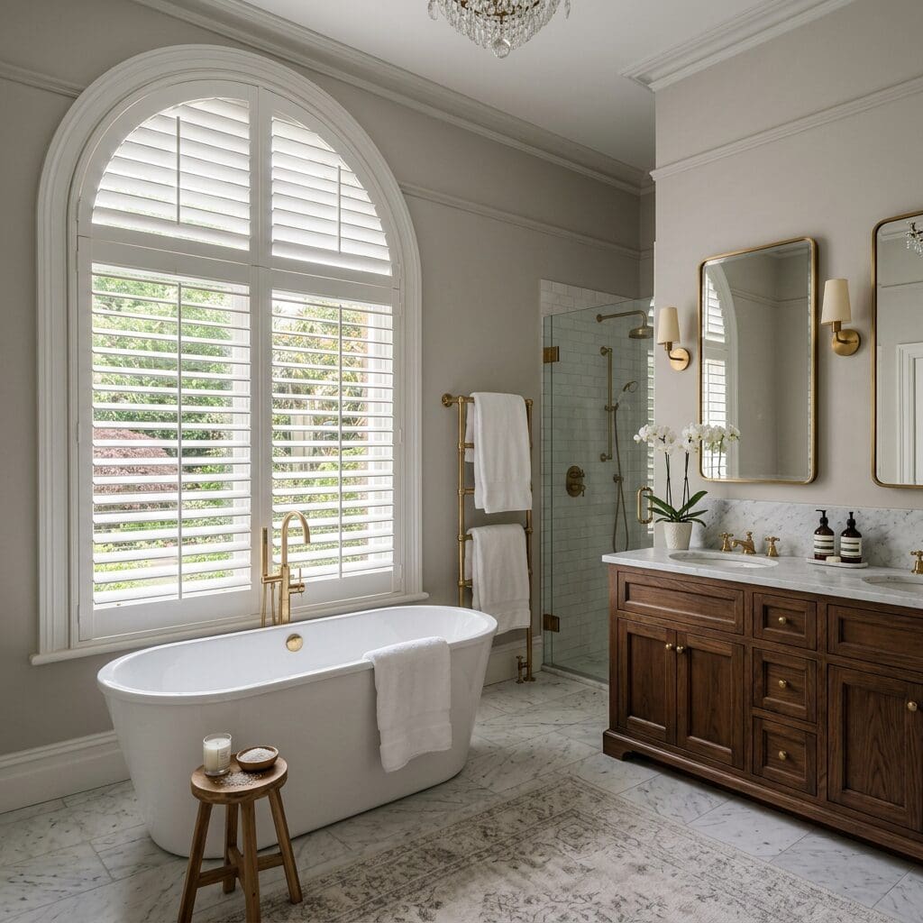 An arched window has interior shutters above a tub in an elegant bathroom. 