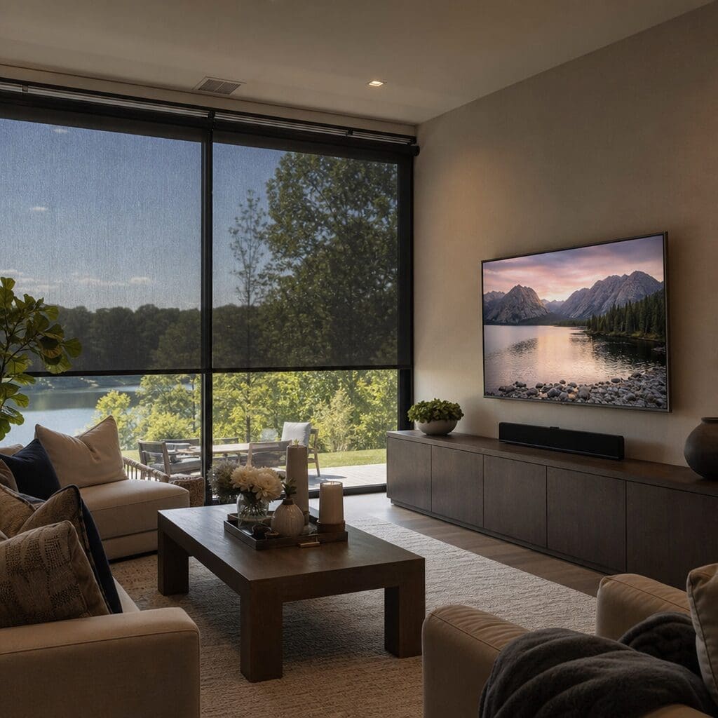 A cozy living room with dark solar shades has a television on the wall. 