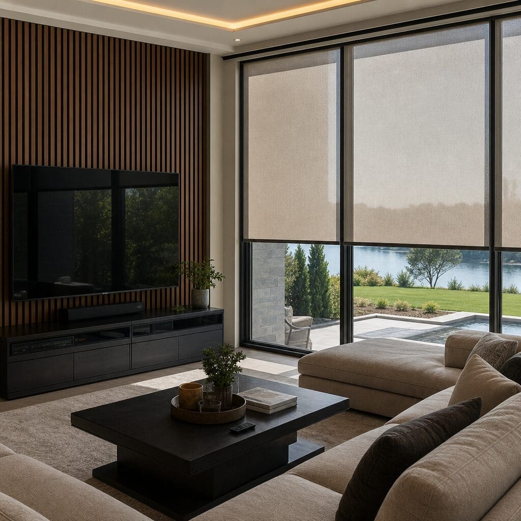 A living room that has windows overlooking a lake has beige solar shades. 