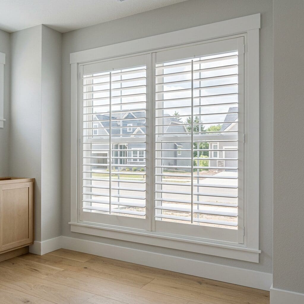 A new home has plantation shutters for privacy.