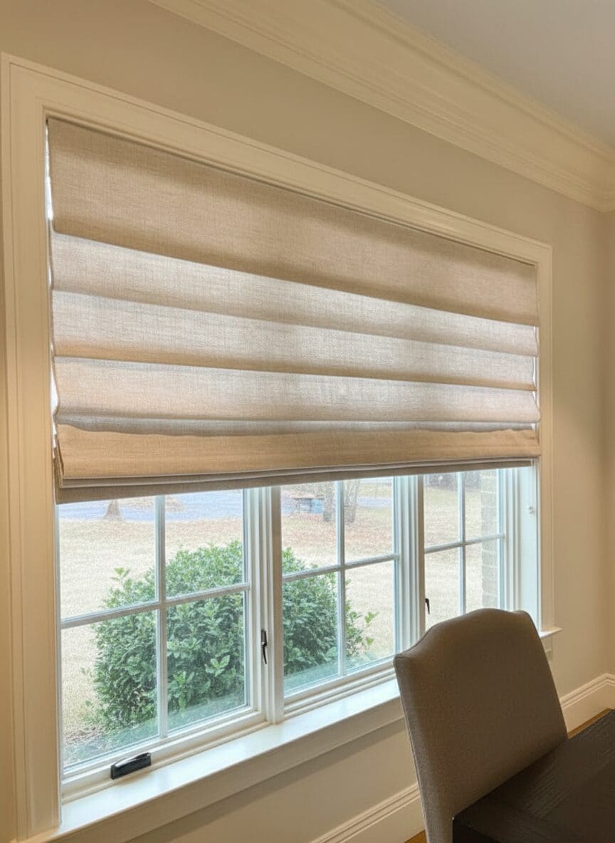 A beige roman shade hangs in a window.