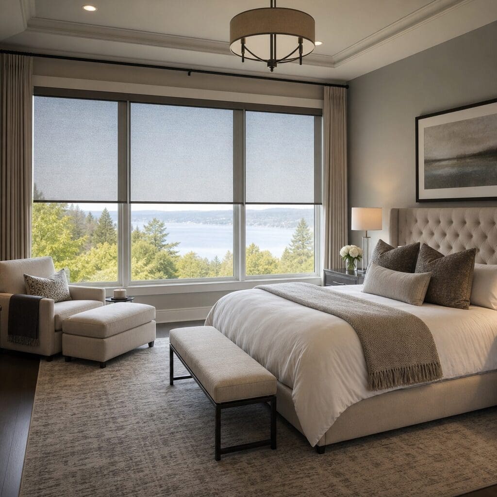 A bedroom with large windows has solar shades.