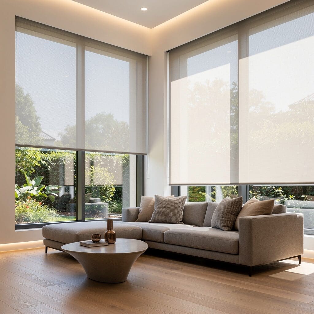 A high end living room with large windows has solar shades to cut glare. 