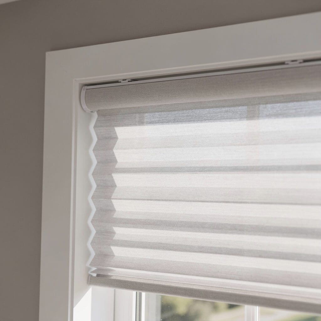 A close-up view of a shade mounted in a window with inside-mounting.