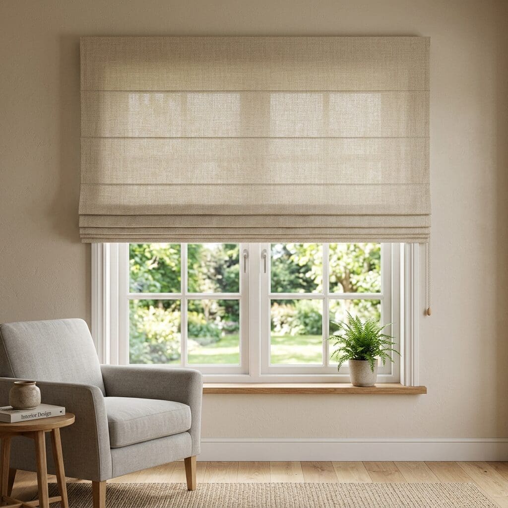 Roman shades are mounted outside of the window frame.