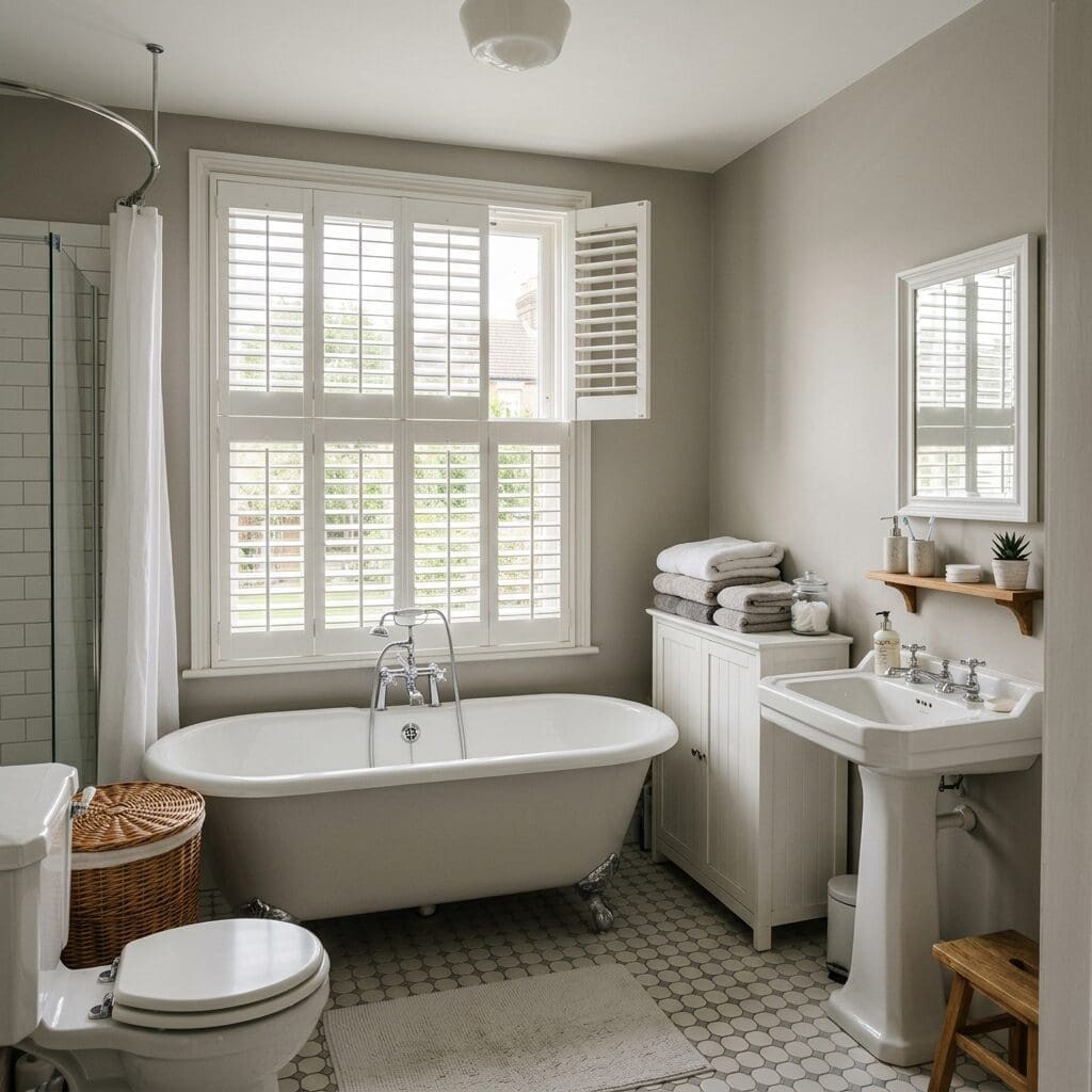 A large bathroom with claw foot tub has composite interior shutters above it on the window. 